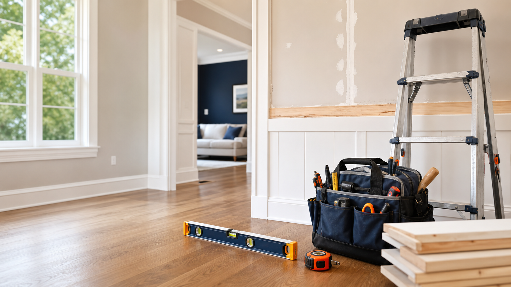 Tools and trim materials arranged in a clean home repair workspace