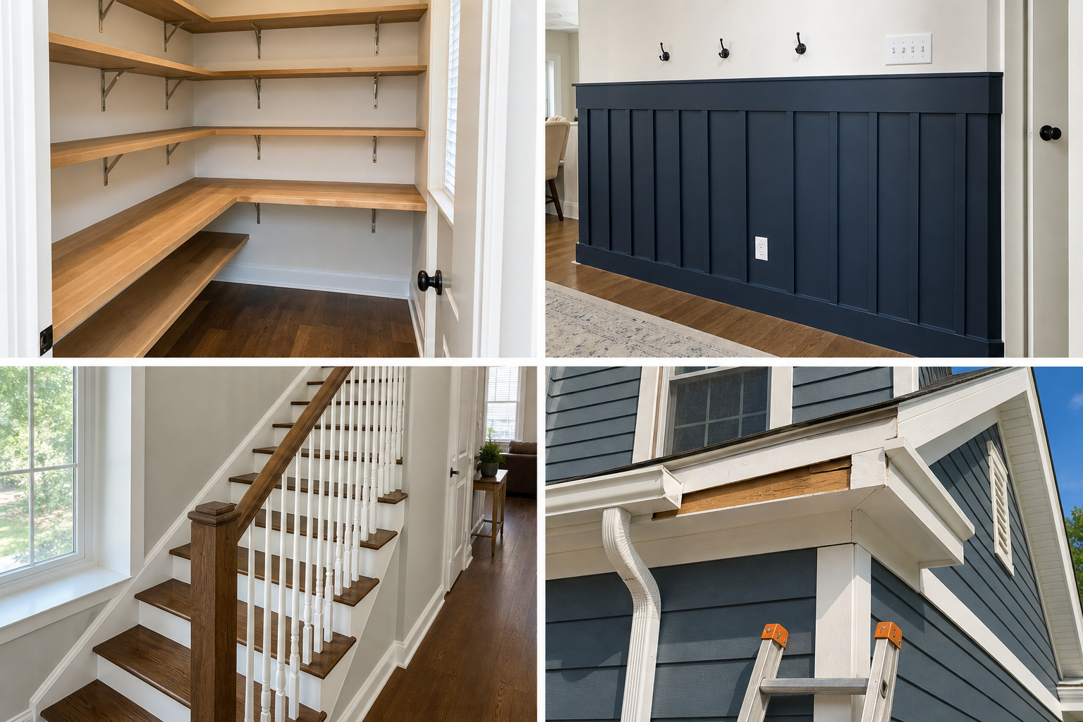 Demo collage of pantry shelves, board-and-batten trim, stair refresh, and exterior trim repair